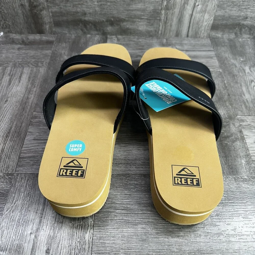 Reef Vista Hi Black Tan Platform Sandals Vegan Leather Slides Women Size 10